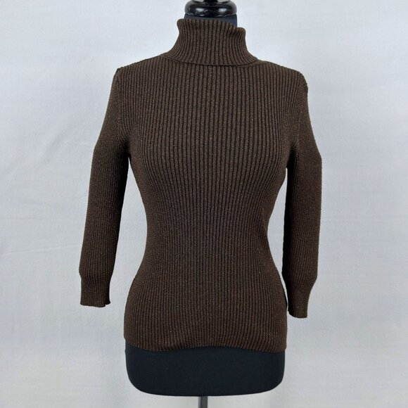 Reitmans Small Brown Metallic Lurex Ribbed Knit Mock Neck Long Sleeve Sweater - Picture 1 of 8